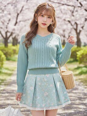 AXES FEMME J-fashion cable knit pearl and bijoux detail sweater